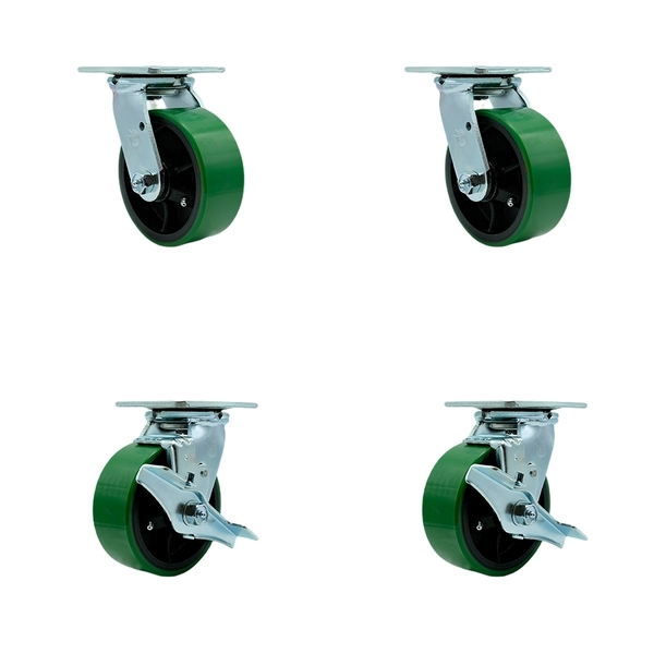Service Caster 5 Inch Green Poly on Cast Iron Swivel Caster Set with Ball Bearings 2 Brakes SCC SCC-30CS520-PUB-GB-2-TLB-2
